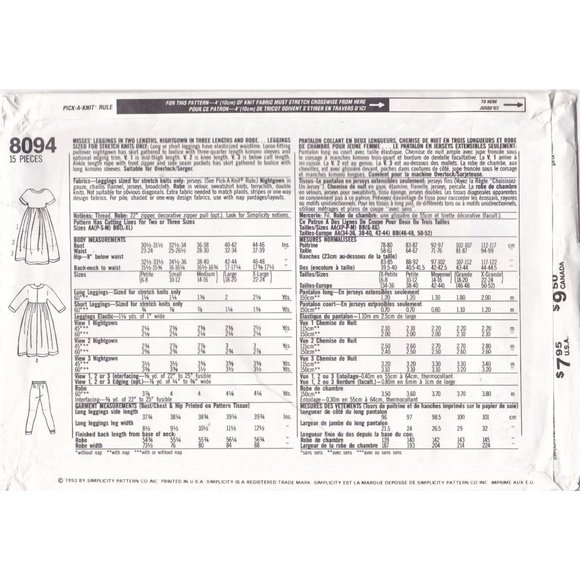 UNCUT Vintage Sewing PATTERN Simplicity 8094, 3 Hour Sleepwear 1992 Misses - Picture 2 of 2